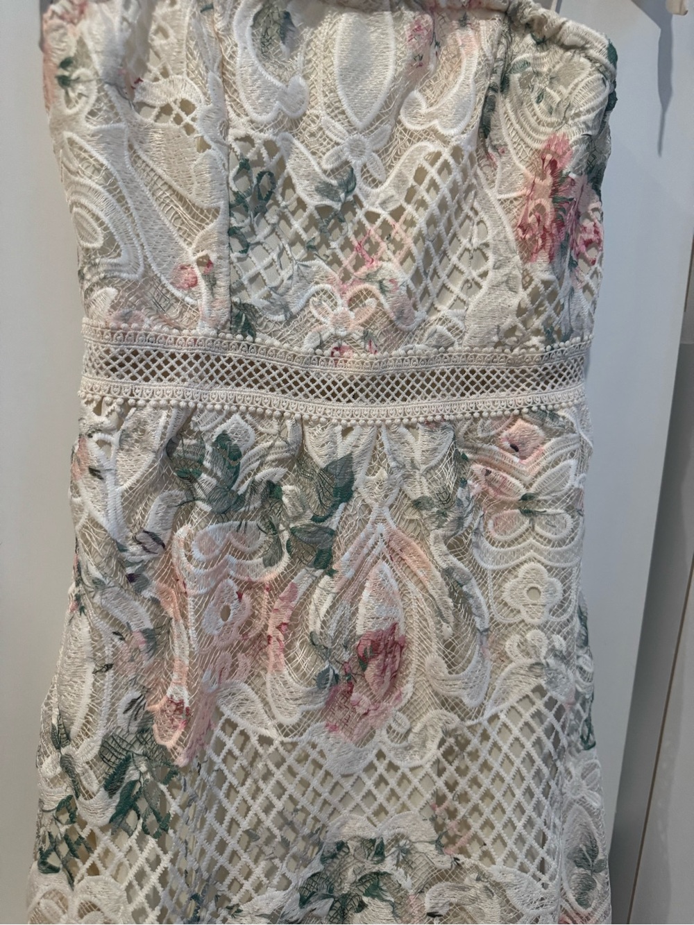Ivory Floral Lace Midi Dress with Tie Straps - Picture 4 of 7